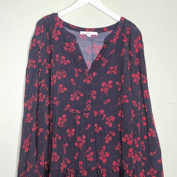 Loft Tiered Peasant Boho Dress Long Sleeve Split V-Neck Black Red Floral XL - Picture 3 of 8